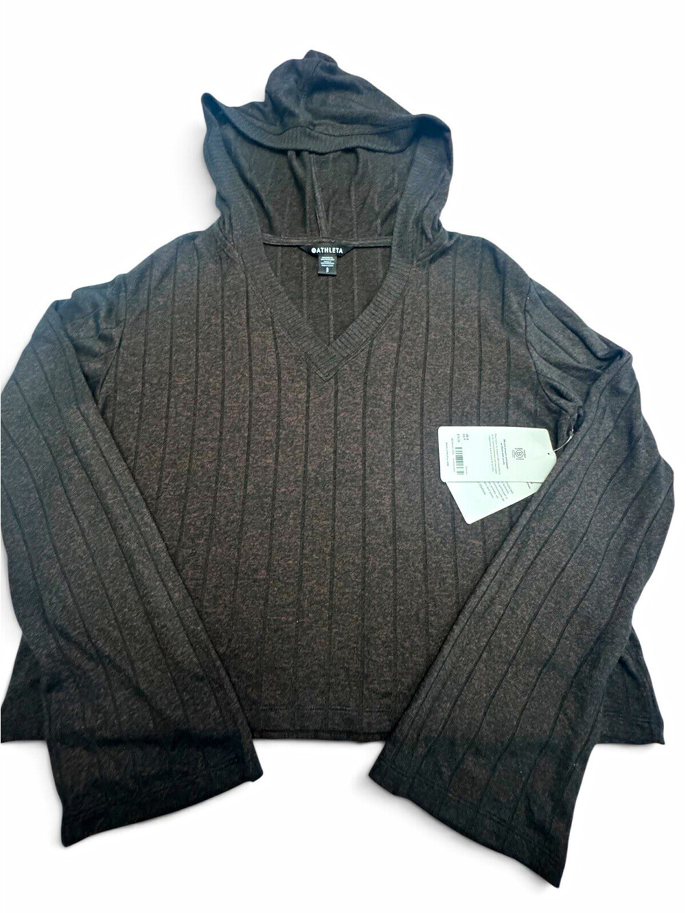 Athleta Harmony Pose Hooded V-Neck Pullover Knit Hoodie Mahogany Heather small
